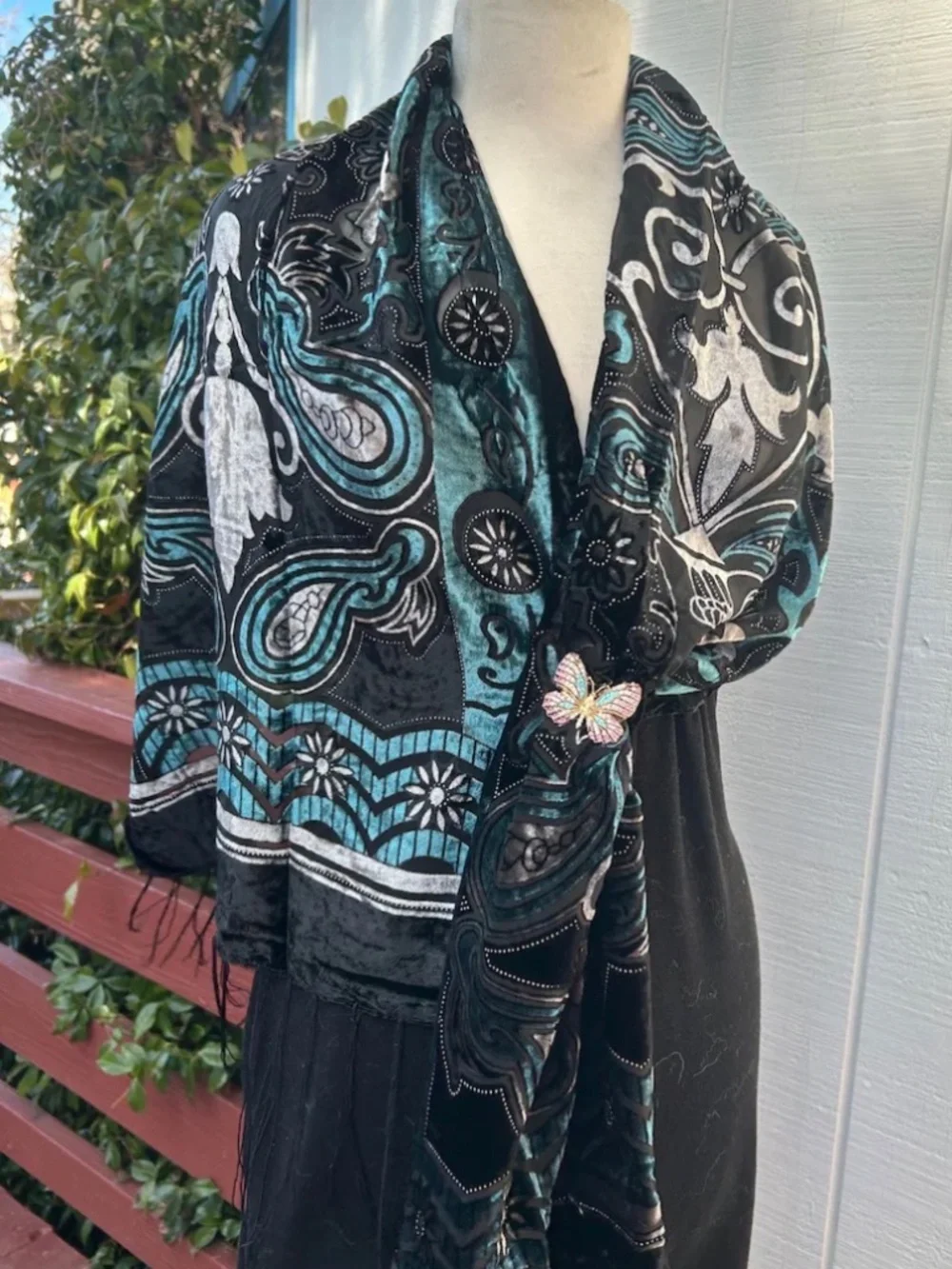 Beautiful Art Deco Velvet Scarf, Teal, Black, Semi Sheer, Burn out, Fringed